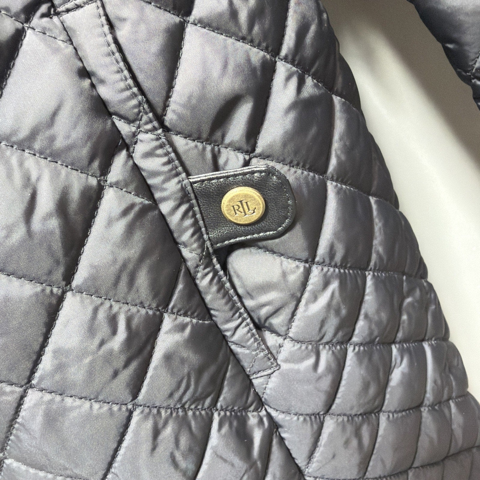 Lauren Ralph Lauren Black Label Quilted Vegan Leather Trim Hooded Coat Size M