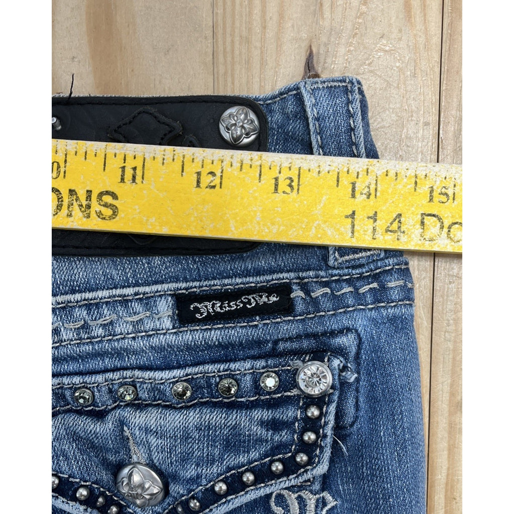 Miss Me Bootcut Jeans Size 26x27 Blue Low Rise Thick Stitch Studded Denim Hem