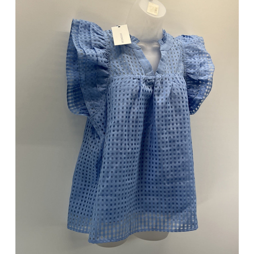 NWT Annie Wear Womens Blue Lined Short Sleeve Blouse Ruffle Sleeve Small