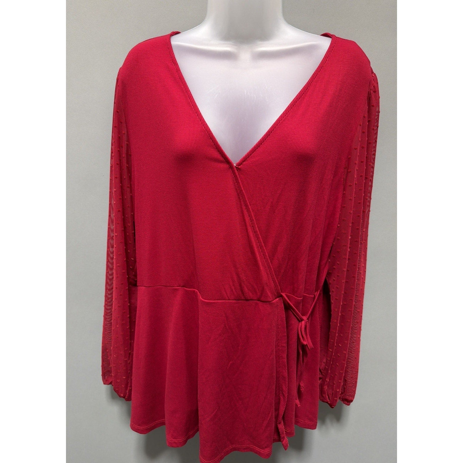 Maurices Red Surplice Tie Front Top Sheer Swiss Dot Sleeve Plus Size 1X