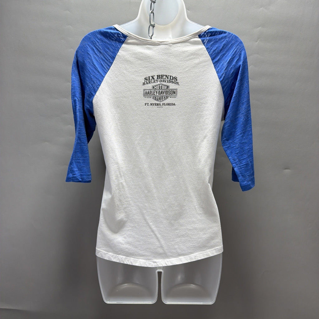 Women’s Harley Davison Made In USA M Ft Myers FL Skull Raglan Shirt 2015