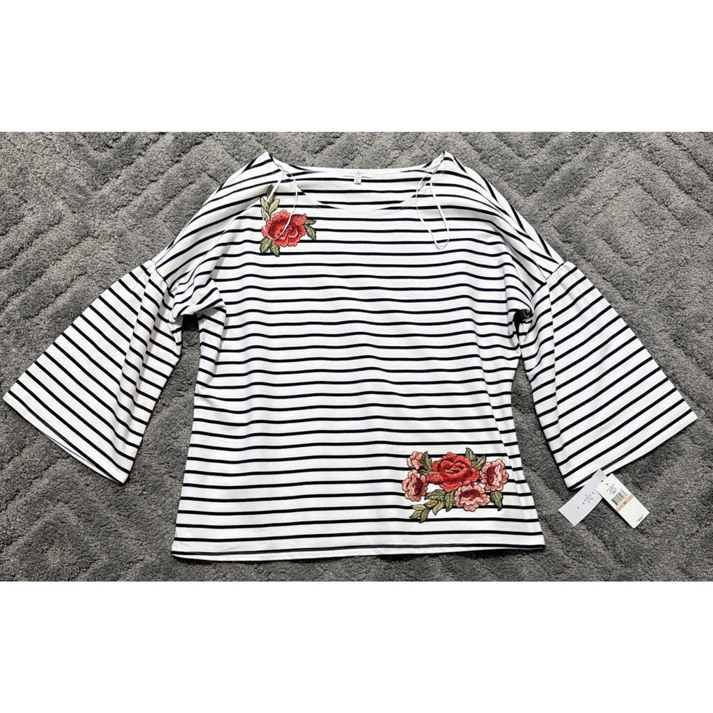 Women's Fever White&Navy Striped Rose Embroidered French Terry Shirt 2X New
