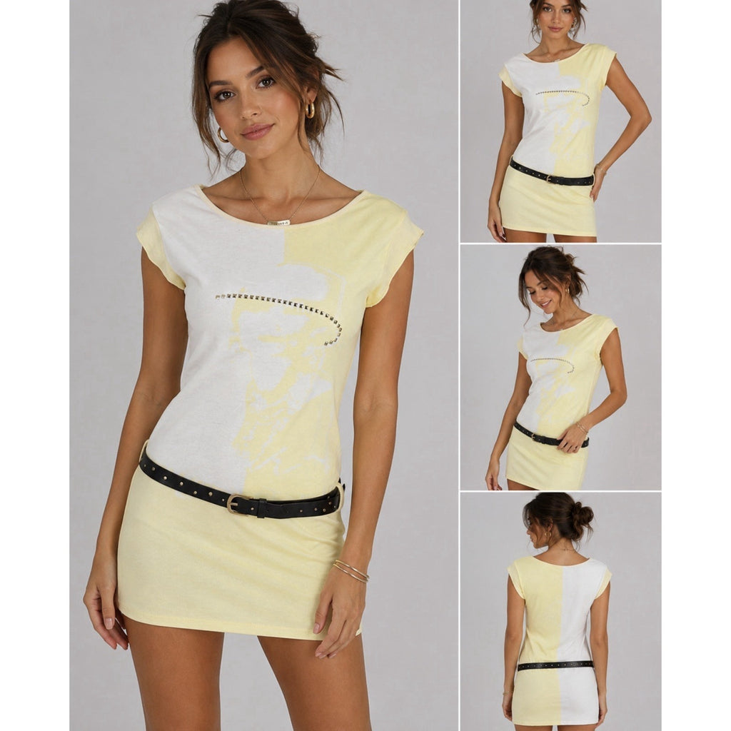 NWT Paradis Miss Womens Small Yellow White Studded Belted Mini Dress Cotton