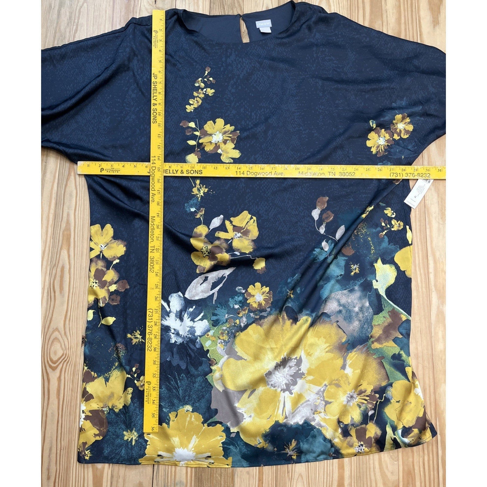 NWT Chico's 4 Navy Blue Yellow Floral Satin Kimono Dress Lined