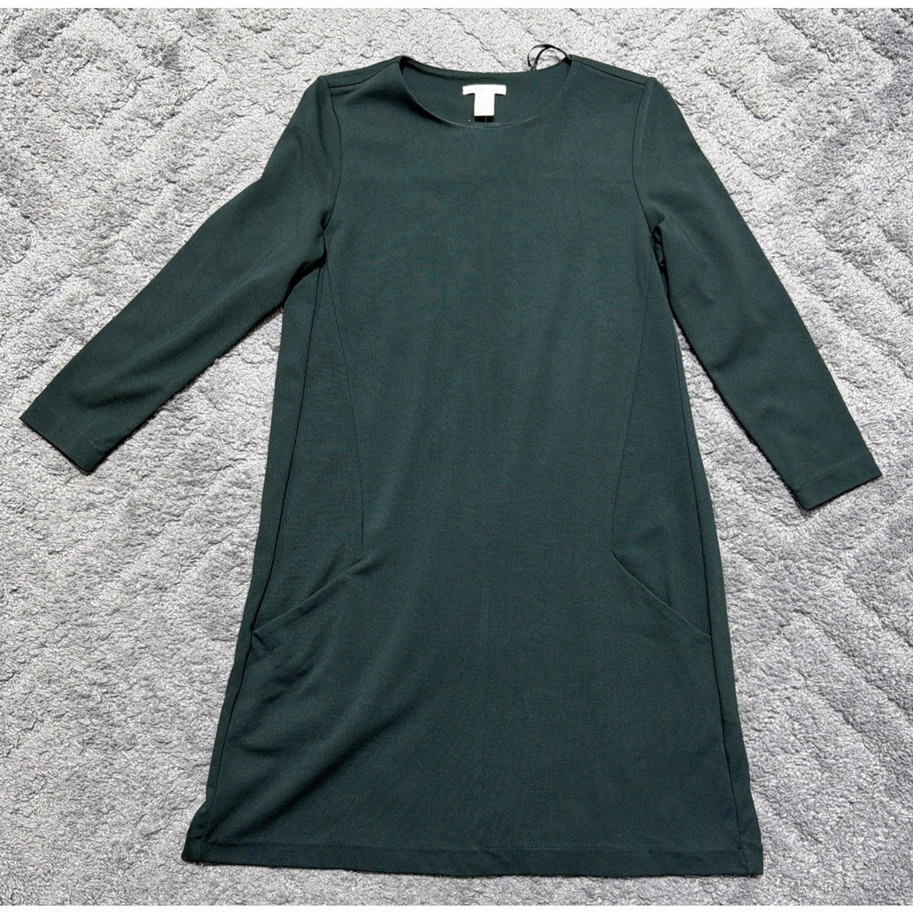 HM Basic Womens S Oversized Green 3/4 Sleeve Shift Dress with Pockets NWT