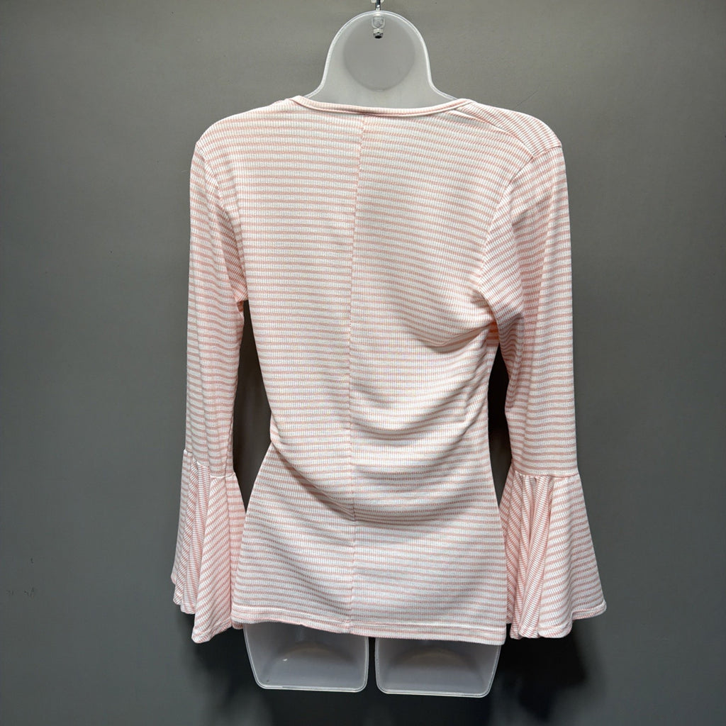 BMG Womens Boho Top Size M White Peach Striped Bell Sleeves Blouse Tunic