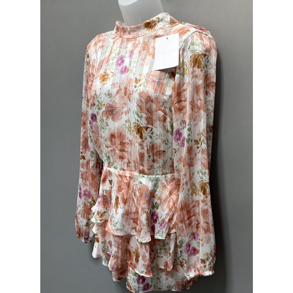 Endless Rose Watercolor Floral Long-Sleeve Chiffon Open Back Romper -S NWT