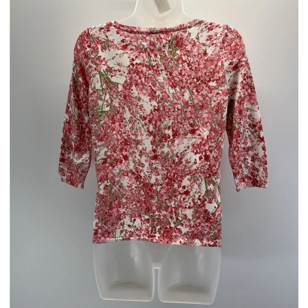 Talbots Women's Petite M Top Pink Red Floral 3/4 Sleeve Cotton Rayon