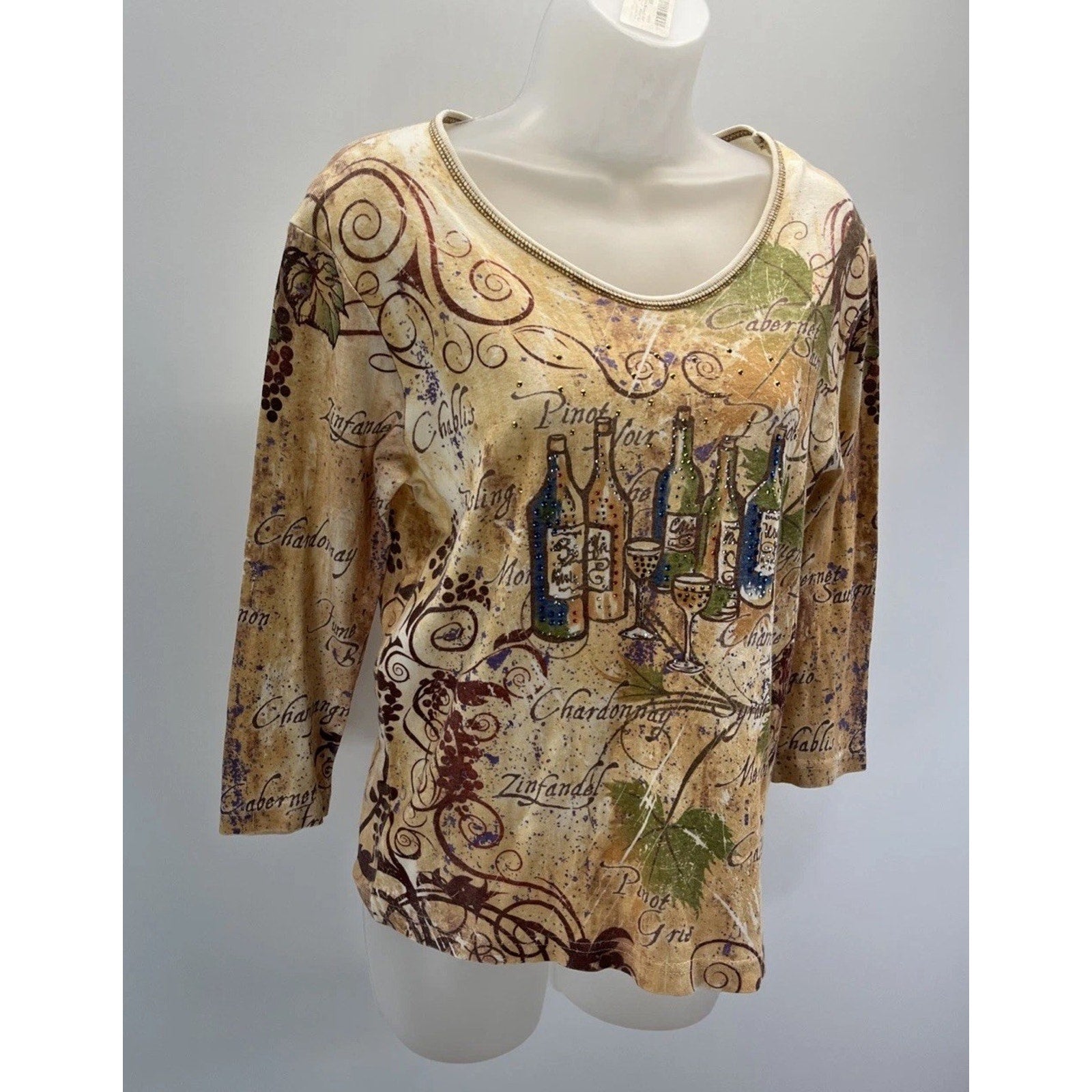 Cactus Bay Tattoo Print Womens S 3/4 Sleeve Top Merlot Wine Glasses Made USA