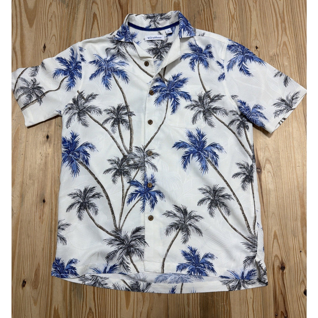 Caribbean Shirt Off White Floral Hawaiian Short Sleeve Button Medium EUC