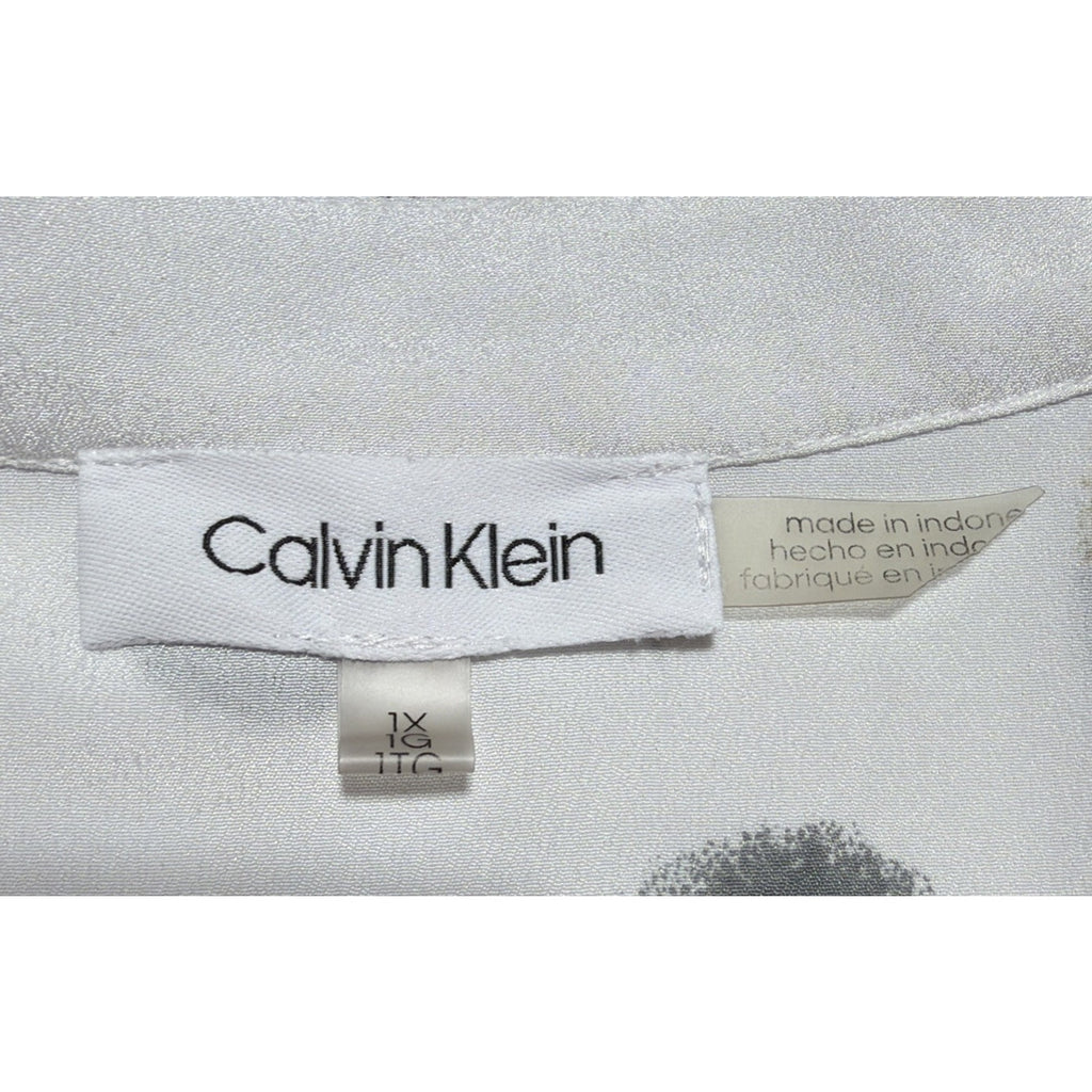 Calvin Klein White Multi Polka Dot LS Blouse Split V-Neck Plus Size 1X