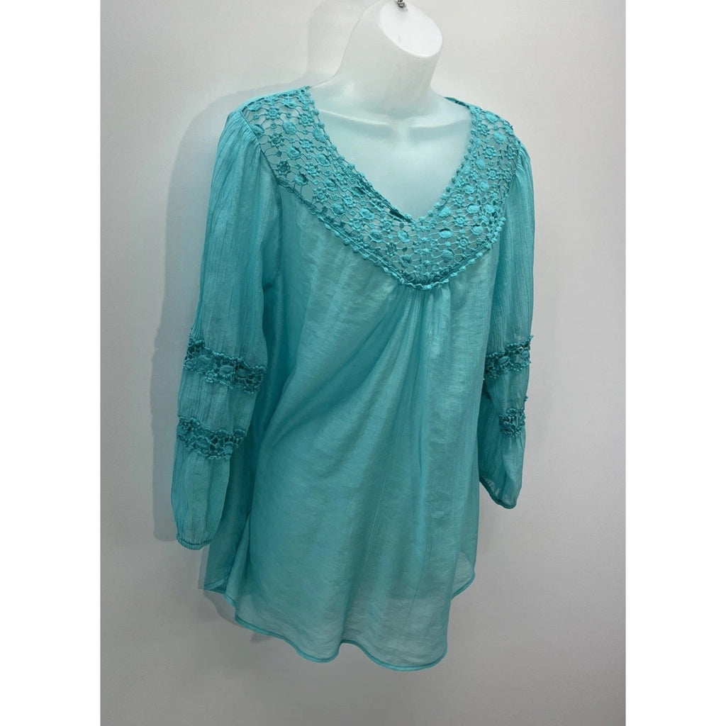 Grand & Greene Large Boho Peasant Crochet Eyelet Blouse Hippie Bohemian
