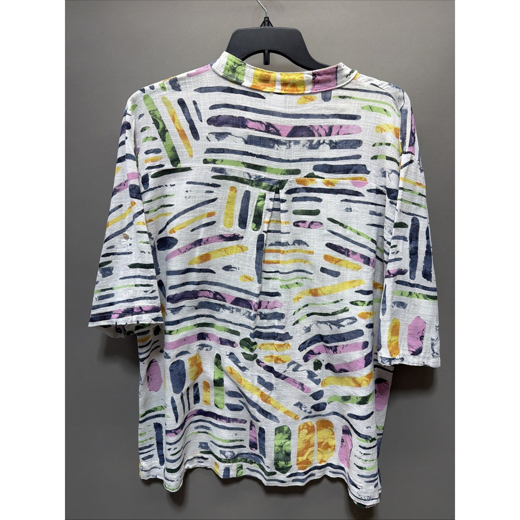 Mitzy Sz S/M White Multi Oversized Artsy Tropical Blouse Shirt Top