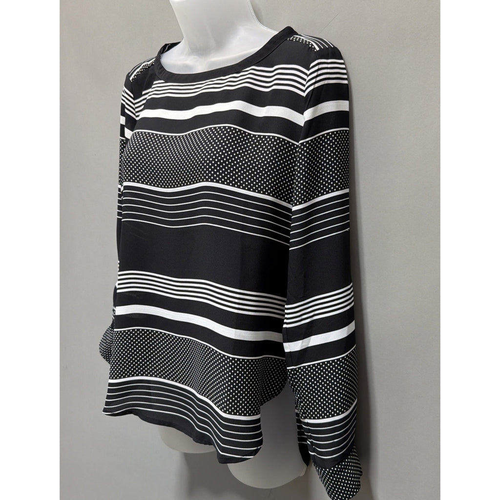 Ann Taylor LOFT Blouse Top Size XS Black White Striped Long Adj. Tab Sleeves