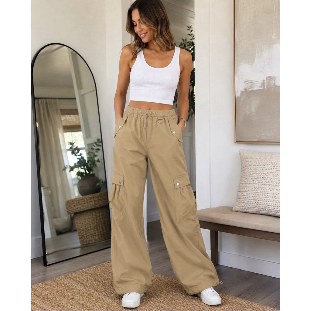 NWT Altar’d State Tan Wide Leg Cargo Pants Women’s Small Elastic Waist Utility