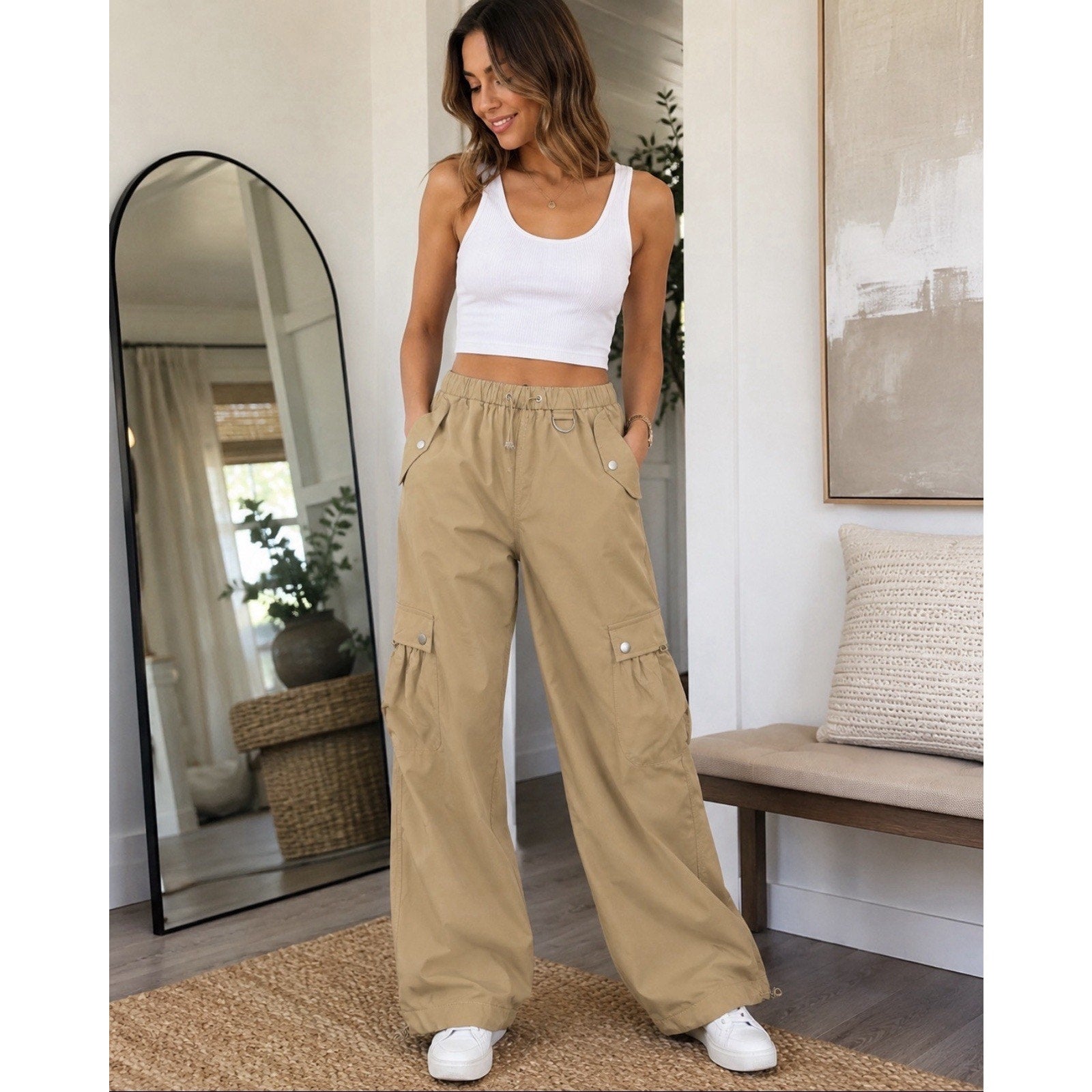 NWT Altar’d State Tan Wide Leg Cargo Pants Women’s Small Elastic Waist Utility