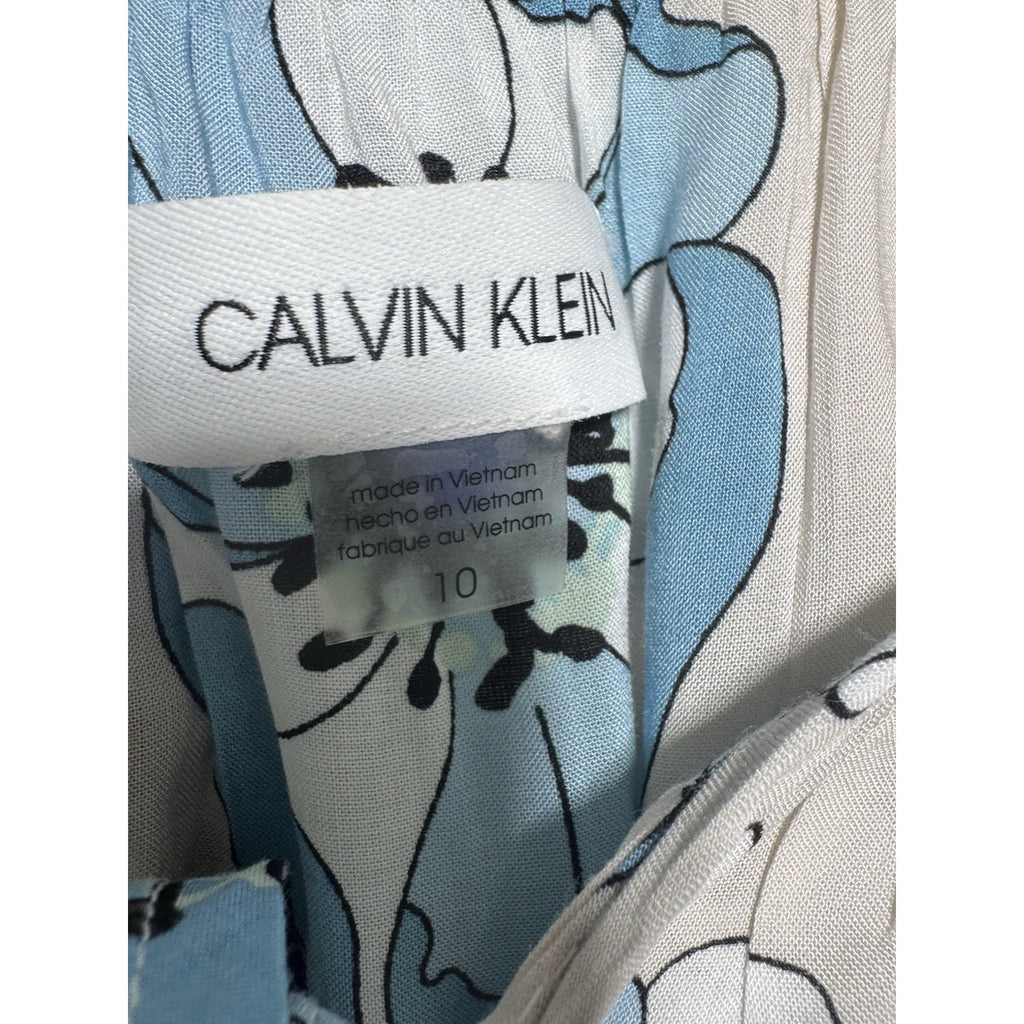 Calvin Klein Women’s Floral Sleeveless Dress Size 10 Blue White Tiered Tie Neck