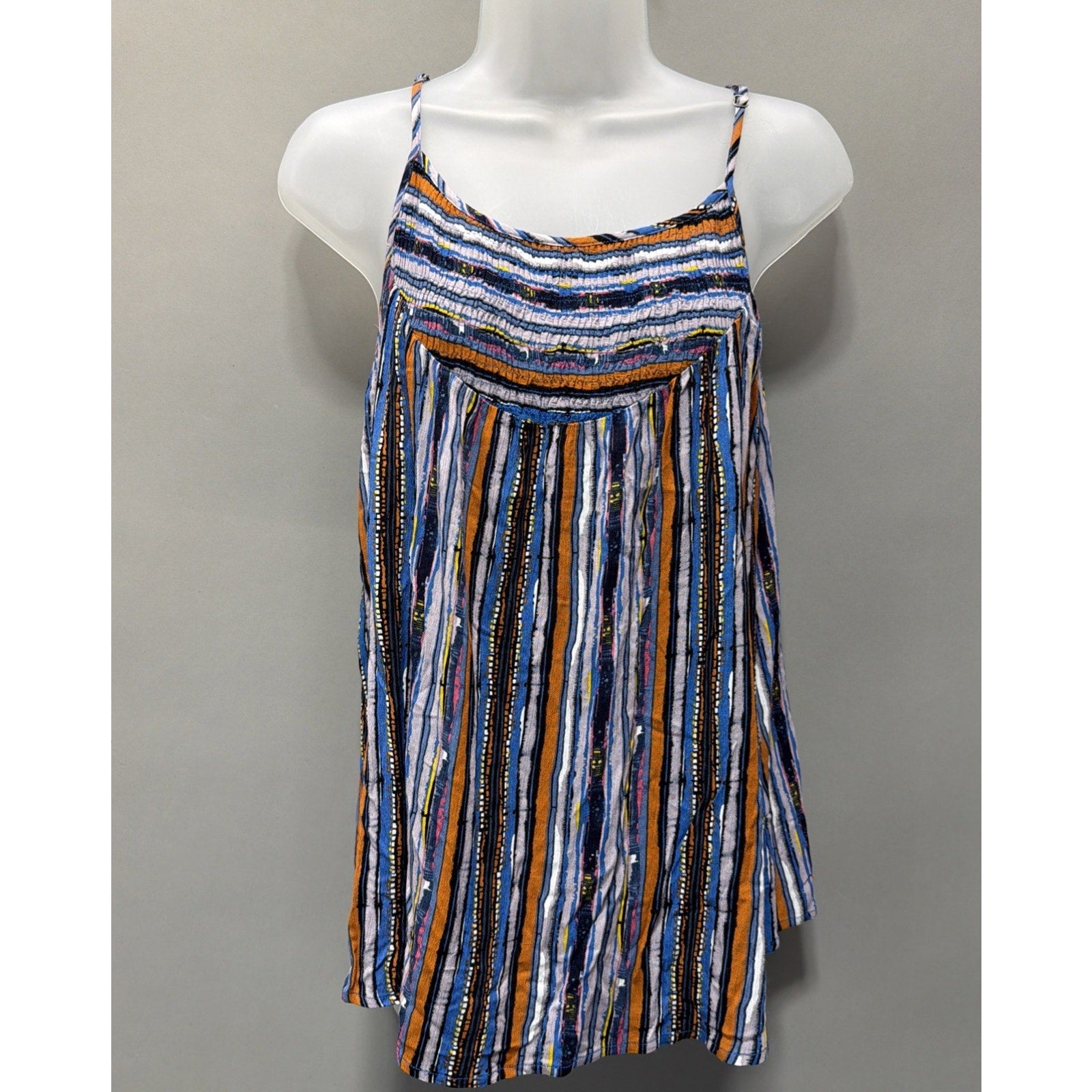 Easel Blouse Tank Womens S Stripe Crinkle Adjust Straps Smocked Bodice New