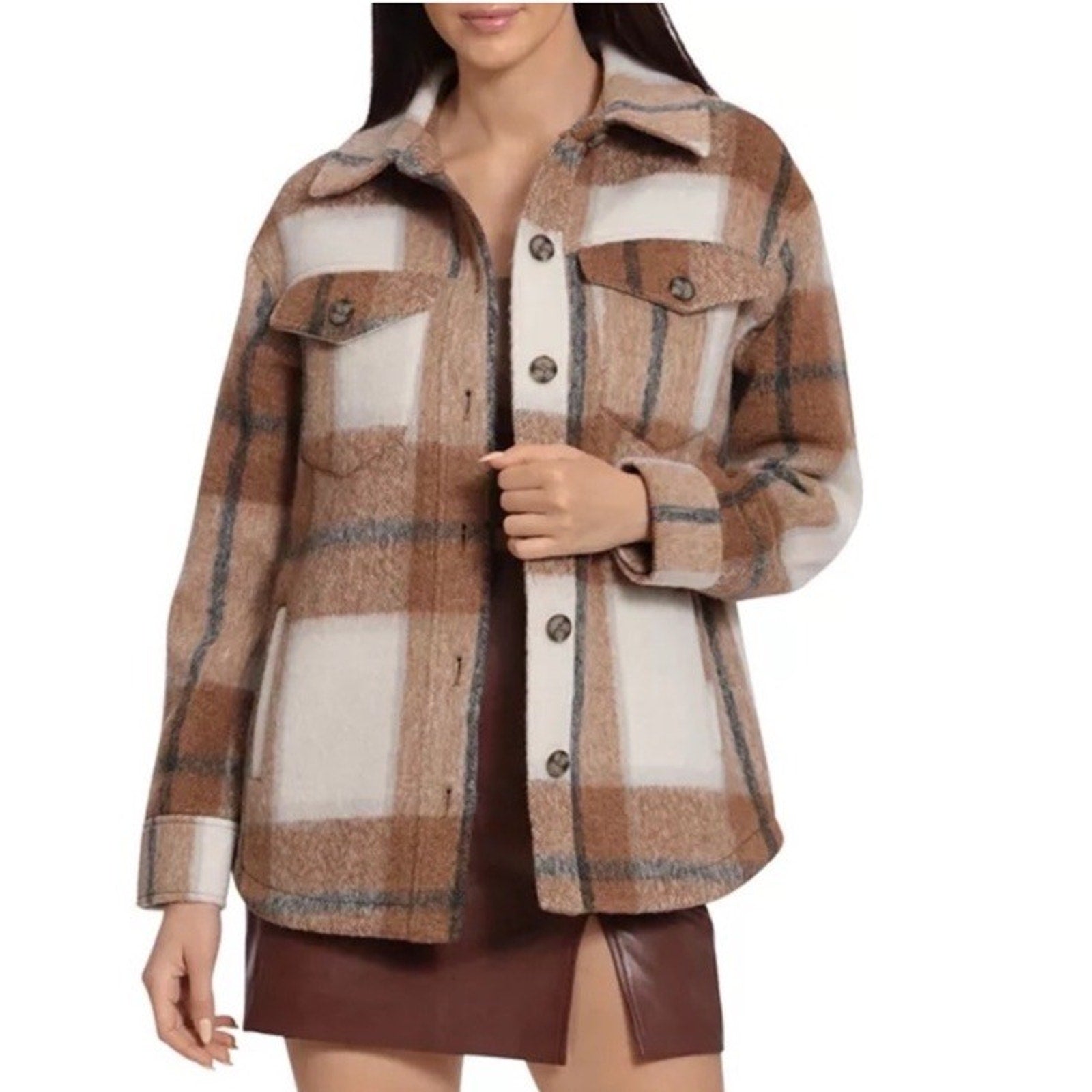 Avec Les Filles Plaid Shacket Jacket Women’s M Brown Pocket Front Anthropologie