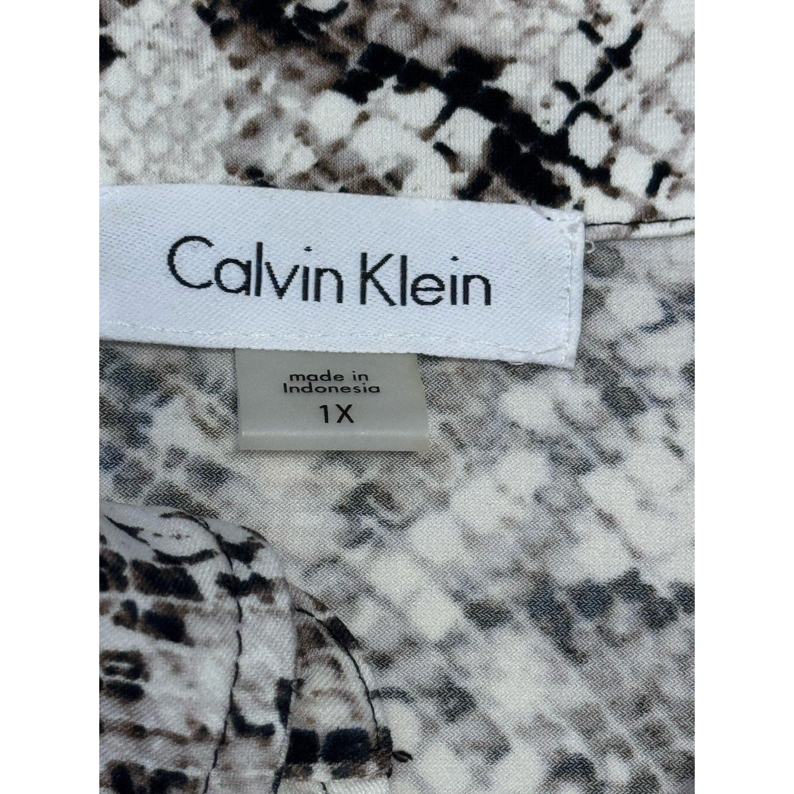 Calvin Klein Snakeskin Print Stretch Knit Gold Buttons Ivory Brown Women’s 1X