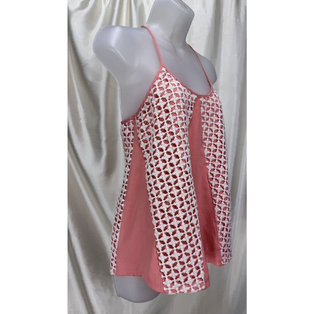 Mi Ami Peach & Ivory Geometric Crochet Small Tank top