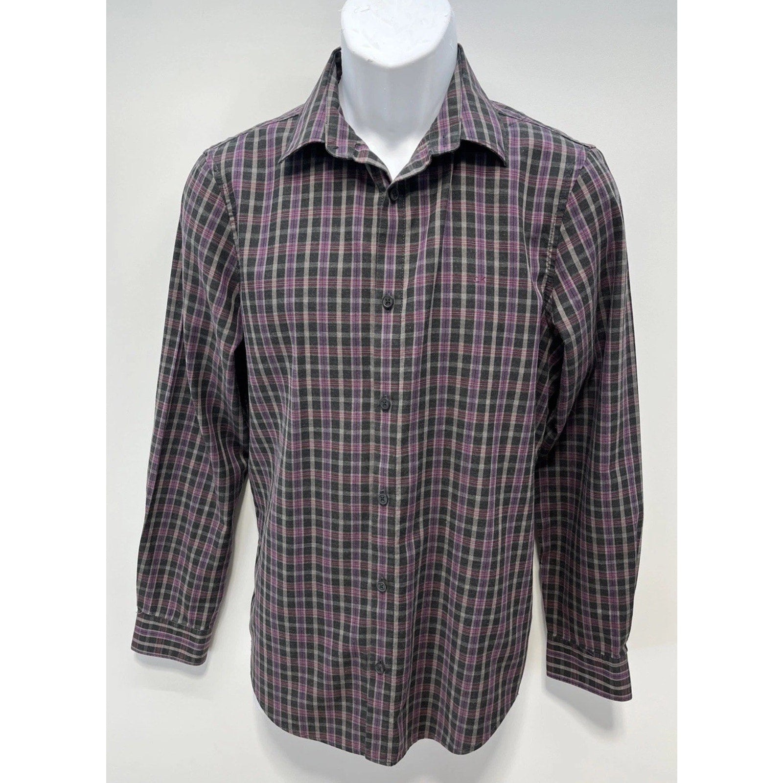Calvin Klein Shirt Mens Small Black Purple Plaid Long Sleeve Button Up