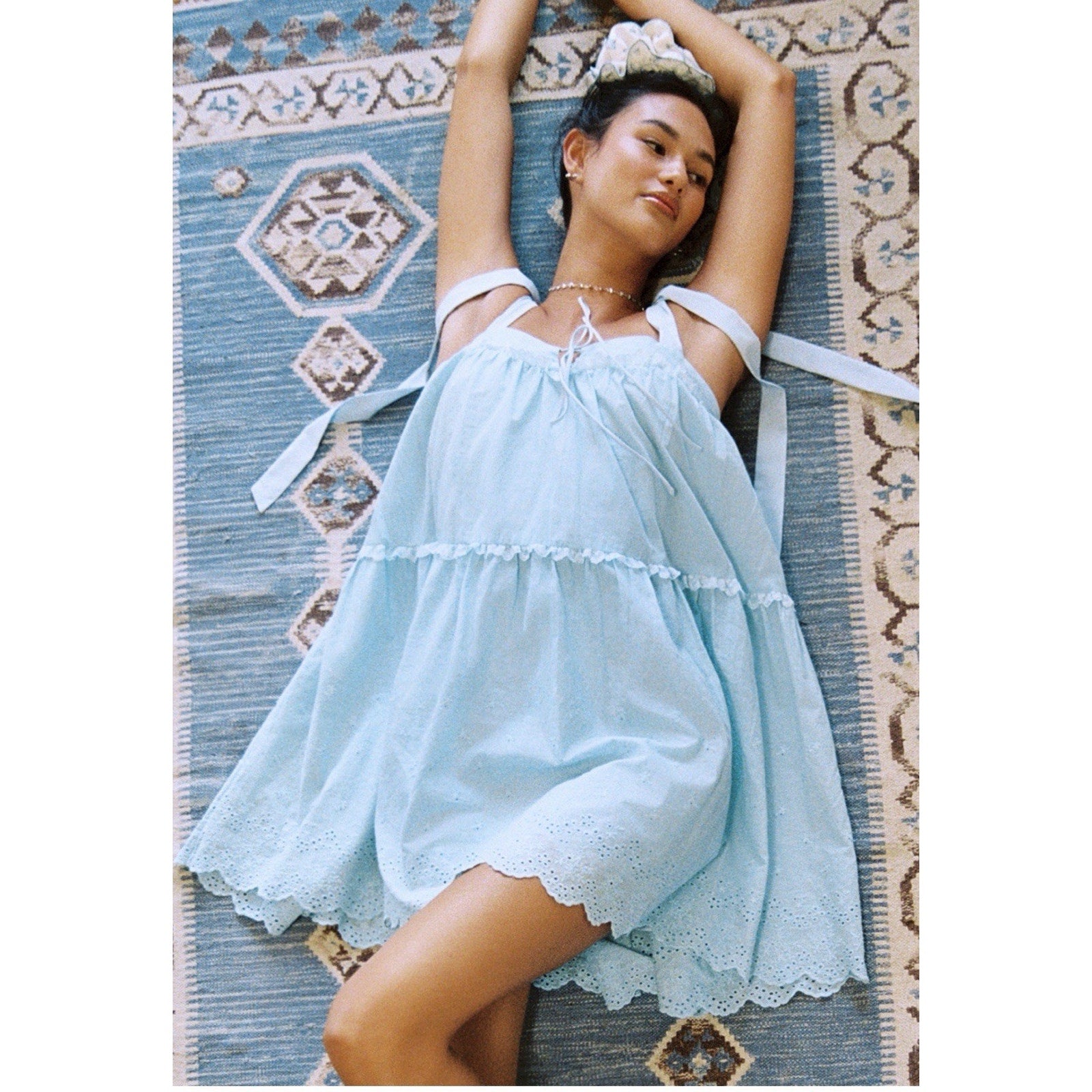 Cider Blue Eyelet Babydoll Mini Dress Tie Shoulder Cottagecore NWT Women M