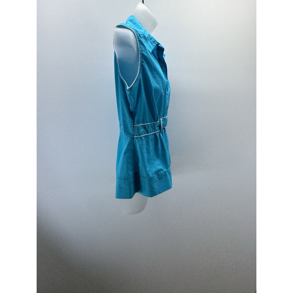 Cato Women's Blue Cotton Blend Tank Top White Satin Trim Medium Belted