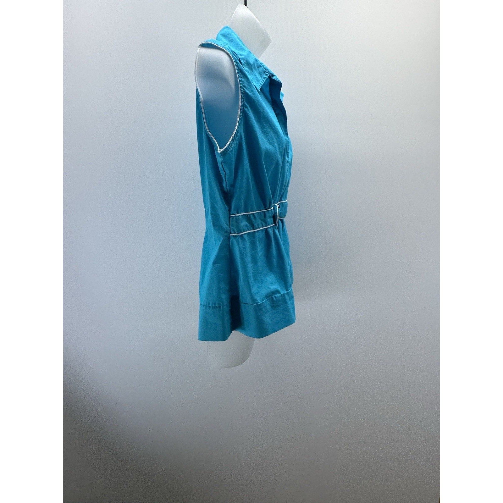 Cato Women's Blue Cotton Blend Tank Top White Satin Trim Medium Belted