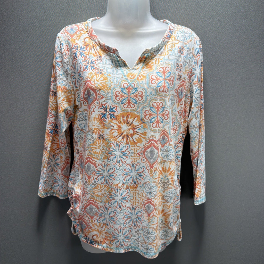 Ladies M Talbots 3/4 Sleeve Notch Neck Top Gather pull on sides Comfy Pastels