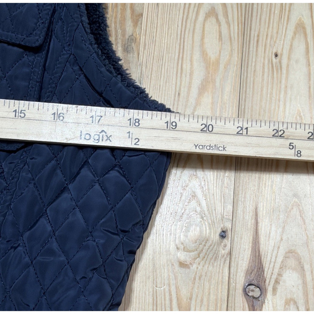 DAISY WOMENS BLUE PUFFER QUILTED VEST JACKET GOLD ZIP ACCENTS FAUX FUR FLEECE L