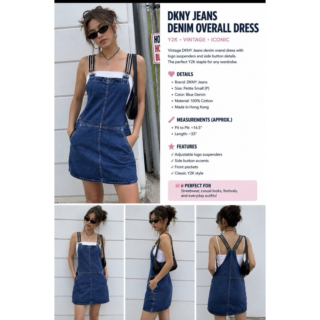 DKNY Jeans Denim Overall Dress Womens Petite Small Blue Bib Pinafore Jumper Y2K