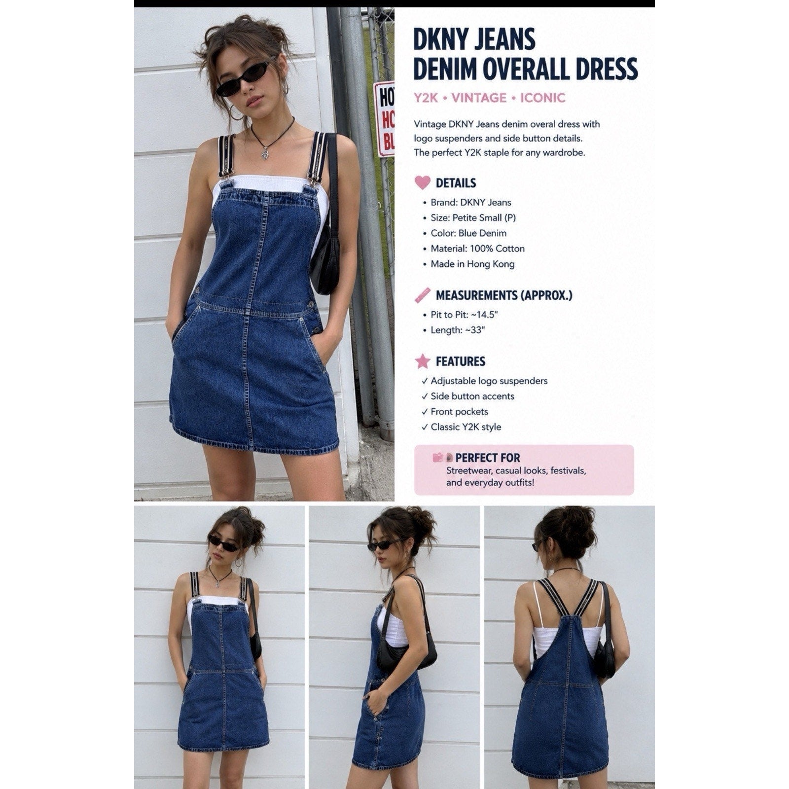 DKNY Jeans Denim Overall Dress Womens Petite Small Blue Bib Pinafore Jumper Y2K
