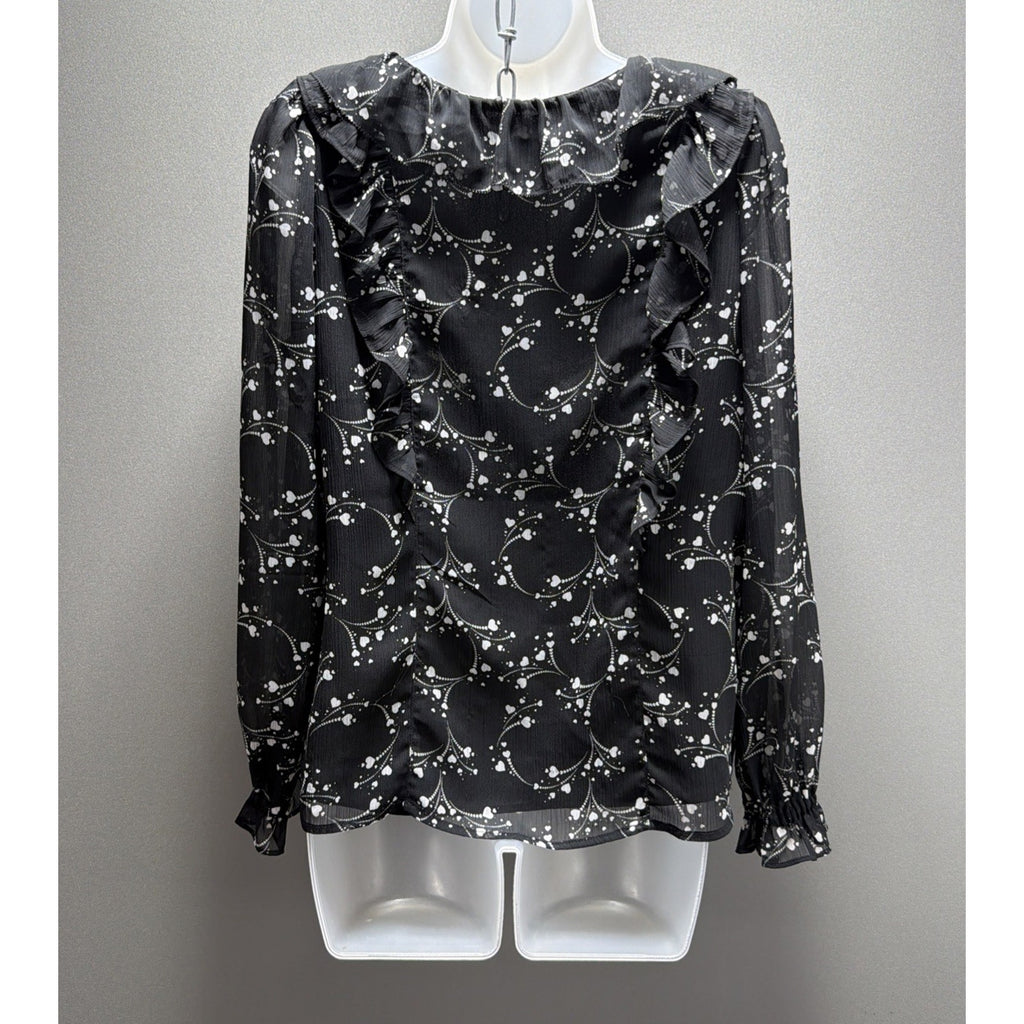 Ann Taylor Loft Blouse Womens Small Lined Long Sleeve Black Floral Ruffle BOHO