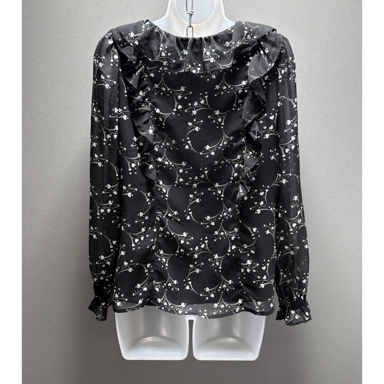 Ann Taylor Loft Blouse Womens Small Lined Long Sleeve Black Floral Ruffle BOHO