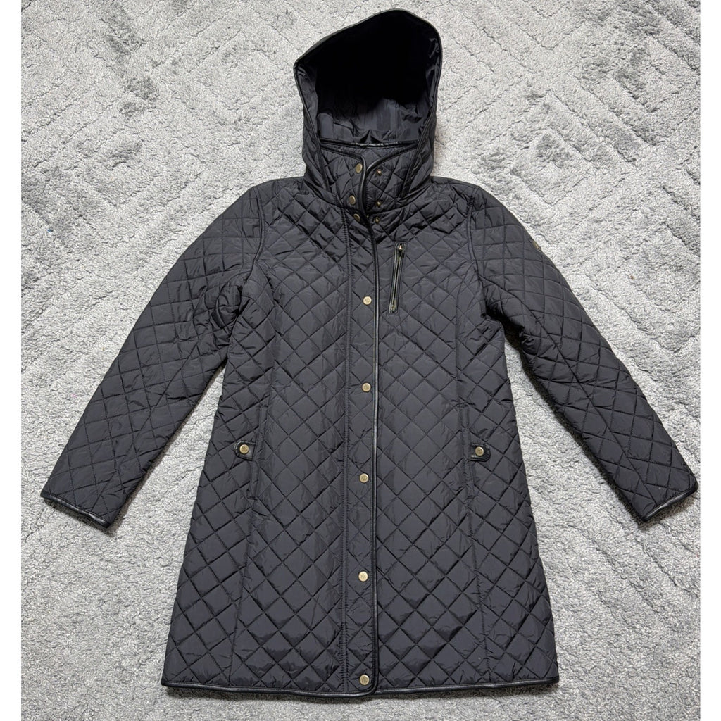 Lauren Ralph Lauren Black Label Quilted Vegan Leather Trim Hooded Coat Size M
