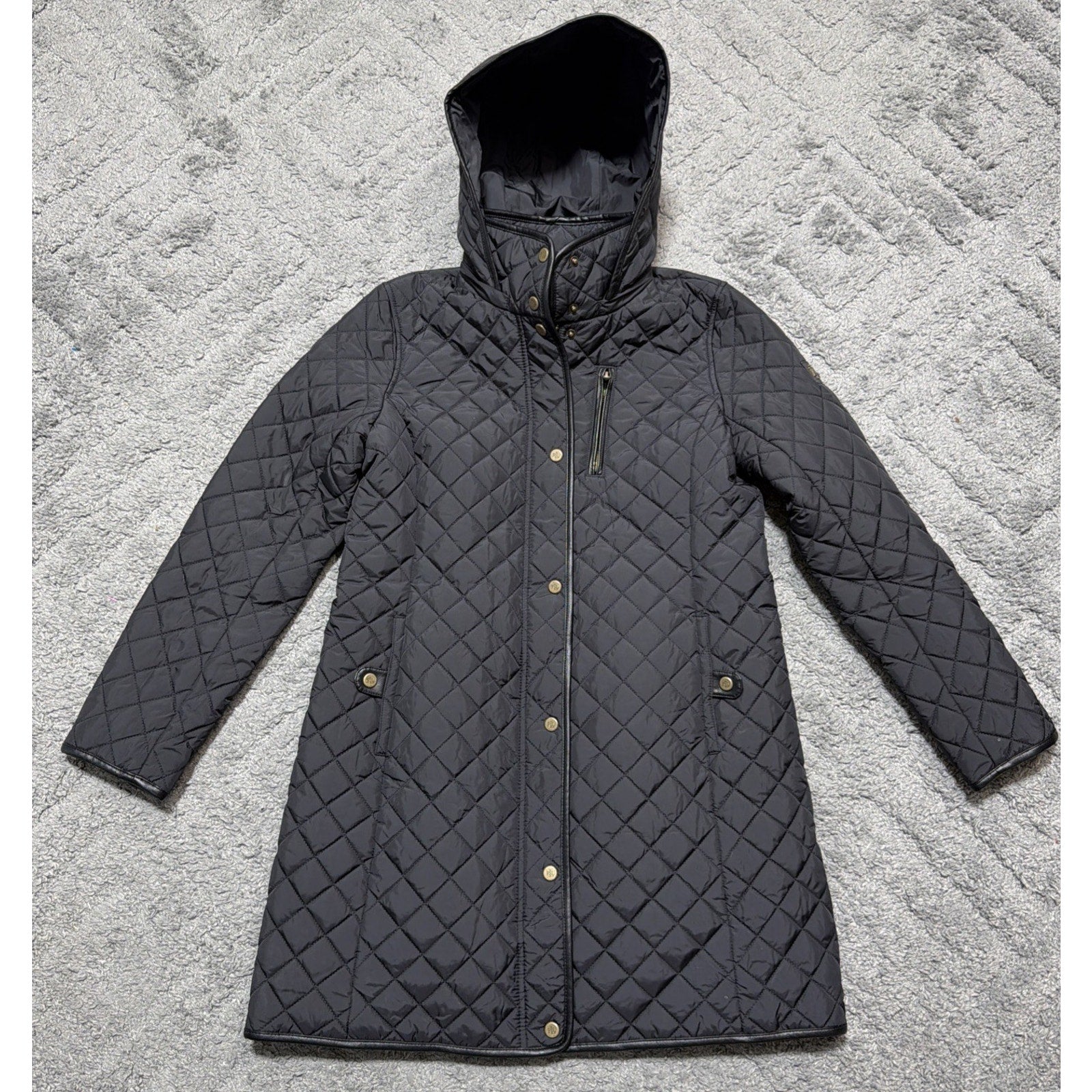 Lauren Ralph Lauren Black Label Quilted Vegan Leather Trim Hooded Coat Size M
