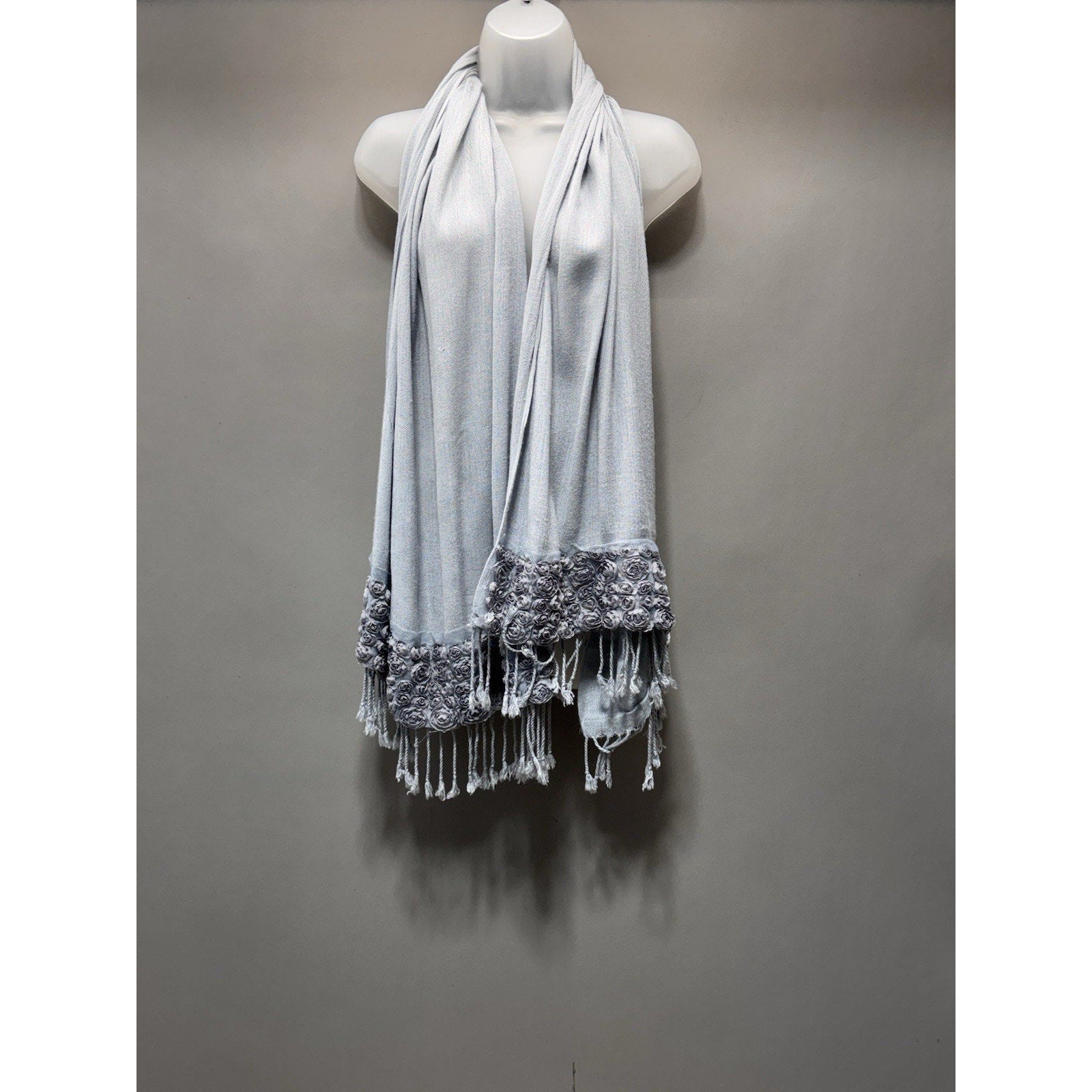 Unbranded Blue Gray Rosette Fringed Trim Scarf Lightweight No Tag Linen Blend