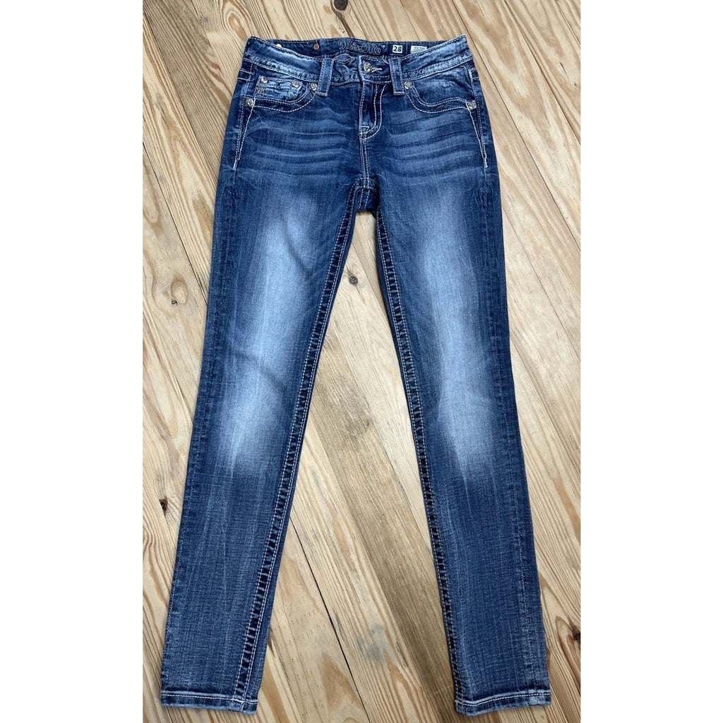 Miss Me Jeans Mid Rise Cuffed Skinny Size 28 Denim Blue Logo Whiskering Casual