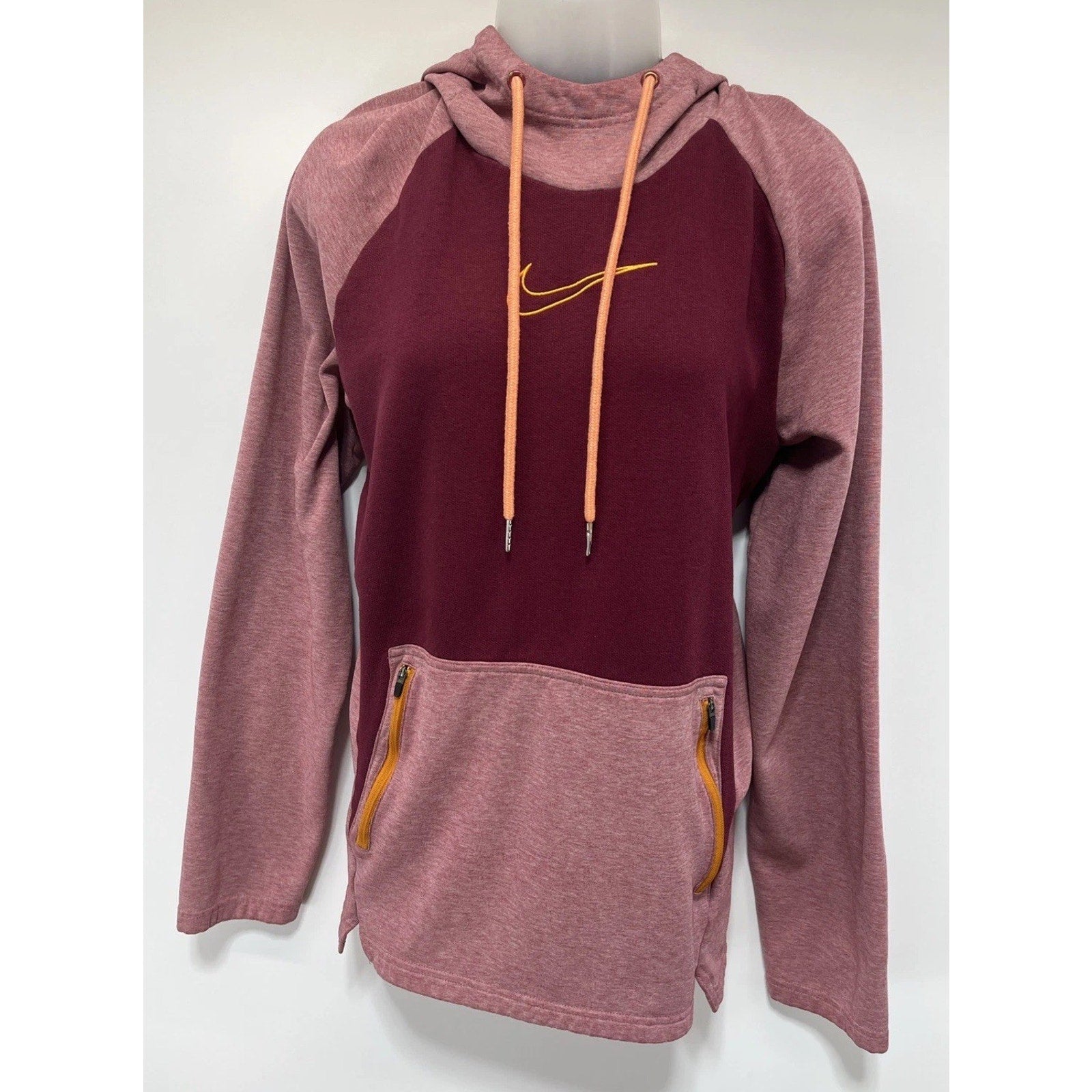 Nike Therma-FIT Pullover Training Hoodie Maroon Colorblock Orange Swoosh Large