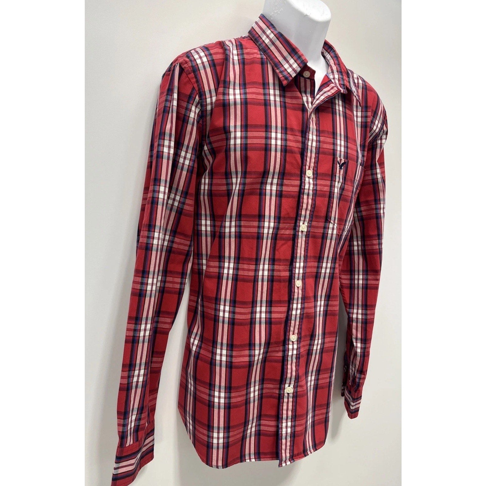 American Eagle Mens Vintage Fit Red Blue Plaid Long Sleeve Button Up Shirt Sz XL