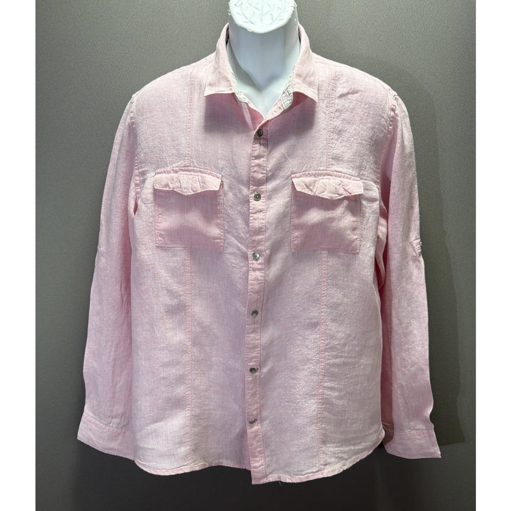 Calvin Klein 100% Linen Long Sleeve Button Up Shirt Large Pink Solid Pockets