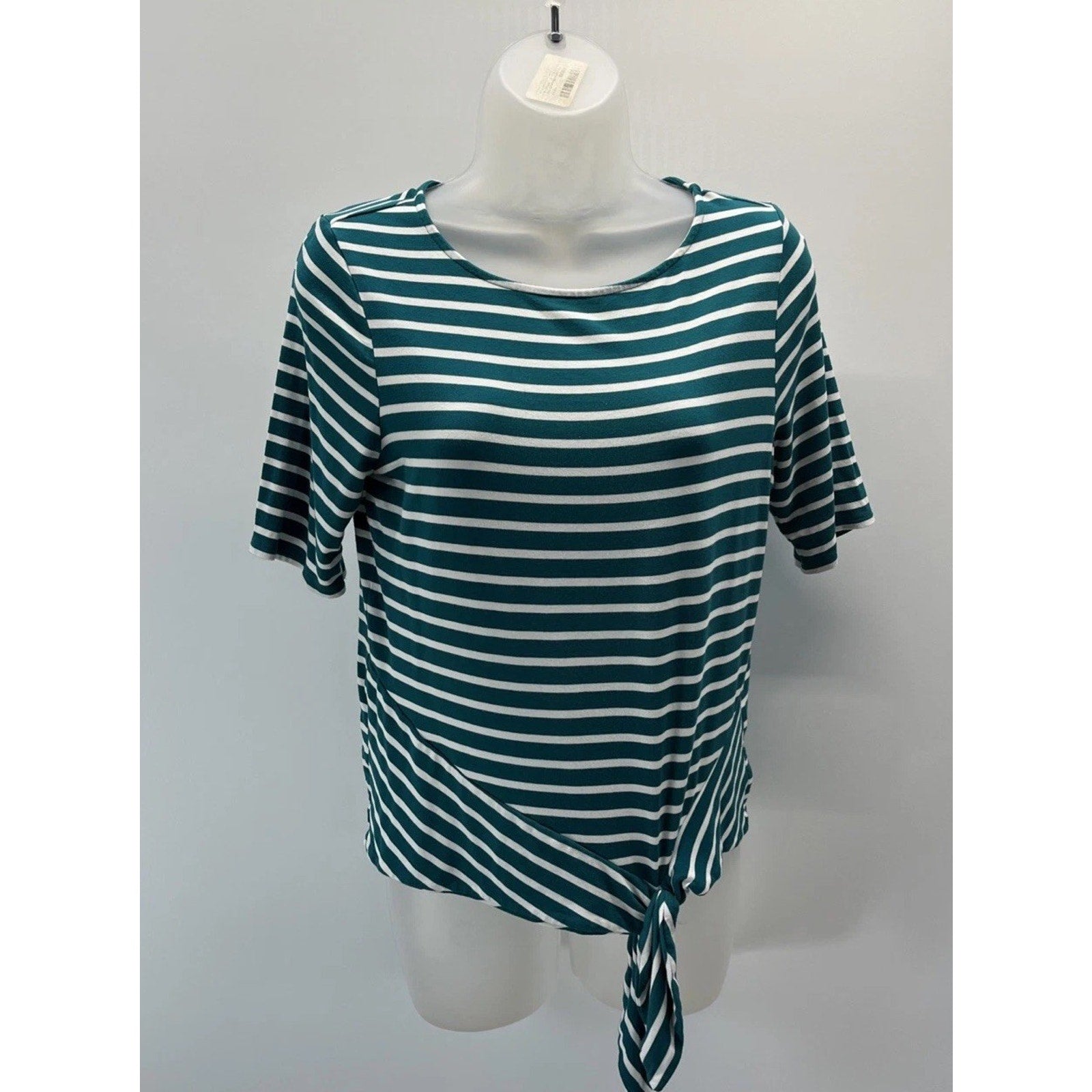 CHICO'S 0 Small Short Sleeve Tie Front Striped Top Green White