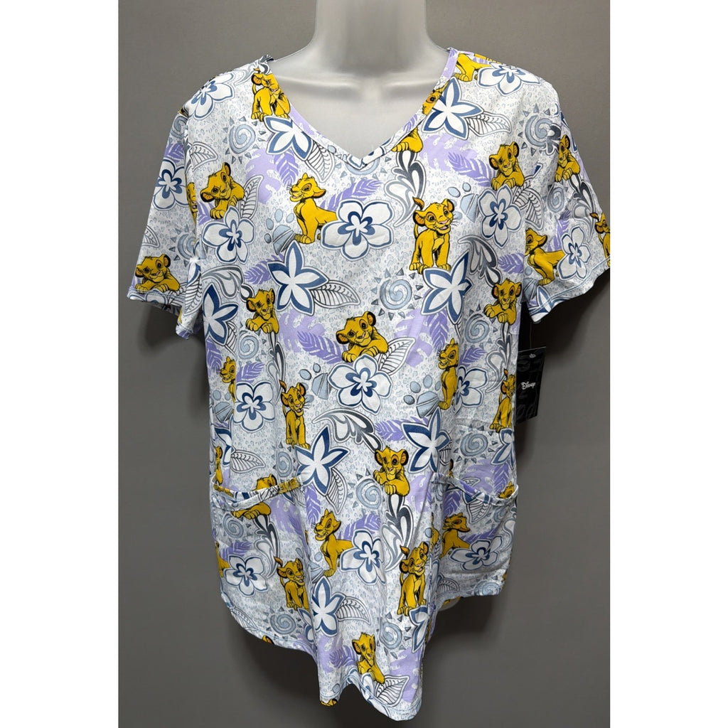 Disney Women's Floral The Lion King Simba Scrub Top Pockets Sz M New