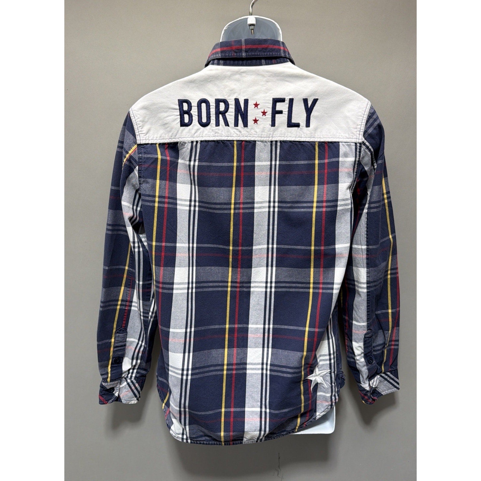 Born Fly Blue Plaid Long Sleeve Button Up Shirt Embroidered Men Size M