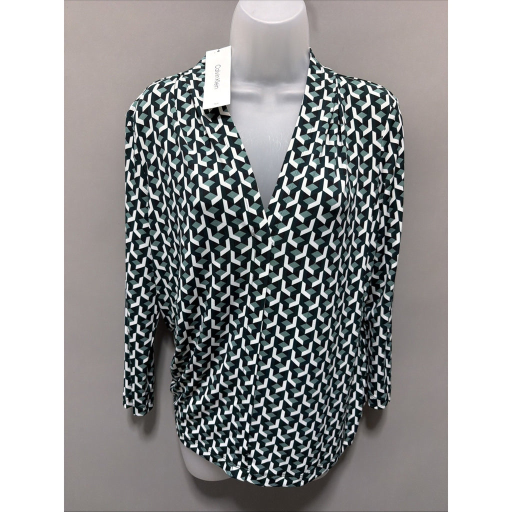 Calvin Klein Womens Size Large Geo Print 3/4 Sleeve Blouse Career Casual New