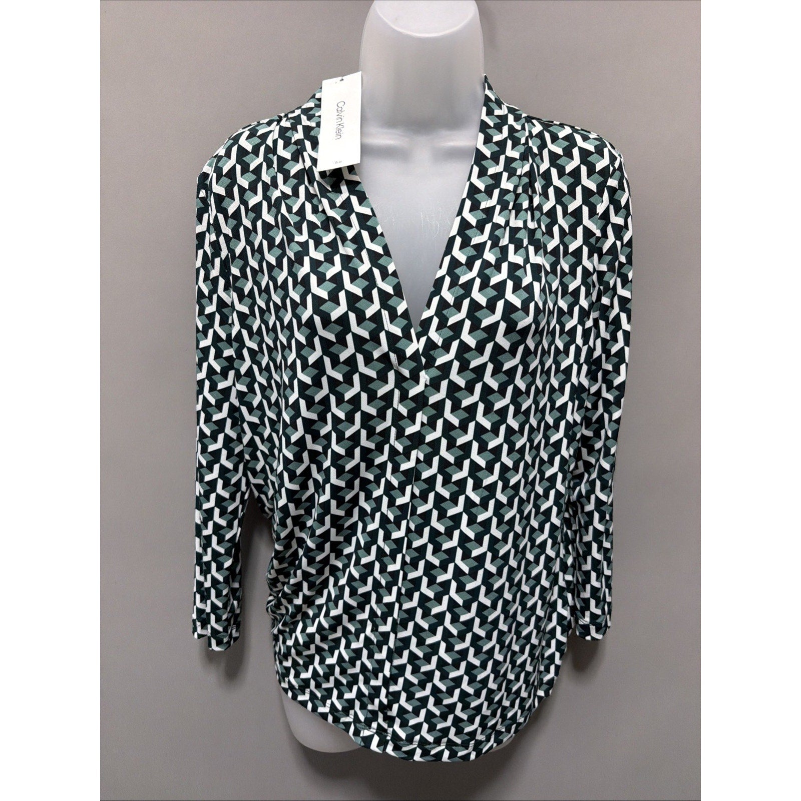 Calvin Klein Womens Size Large Geo Print 3/4 Sleeve Blouse Career Casual New