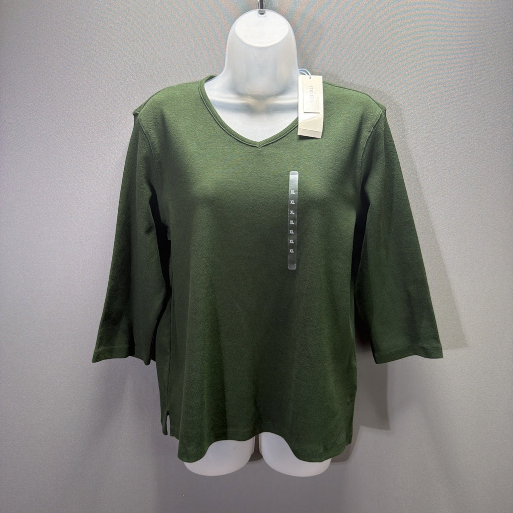 Jones New York Women's XL Cedar Green V Neck 3/4 Sleeve Knit Top Stretch New