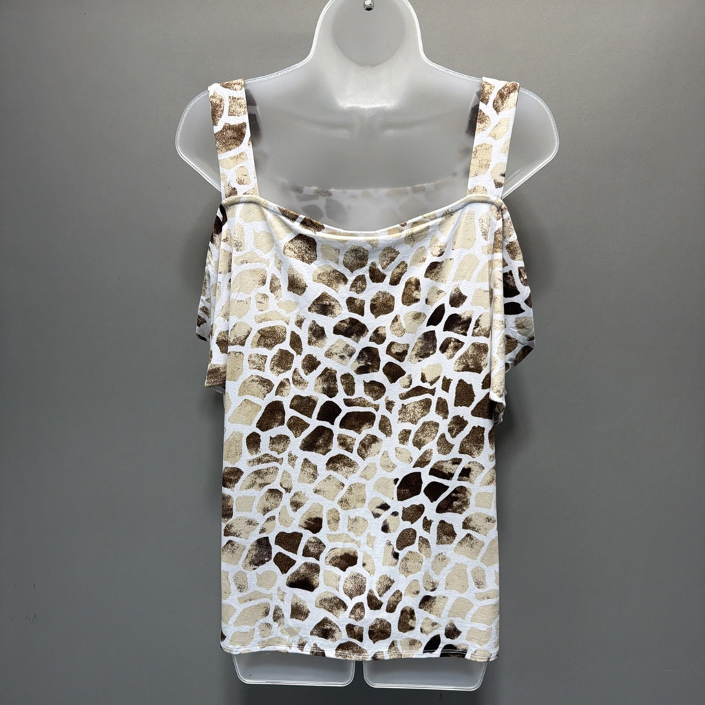 JM Collection Blouse Womens size M Tan White Giraffe Print Cold Shoulder New