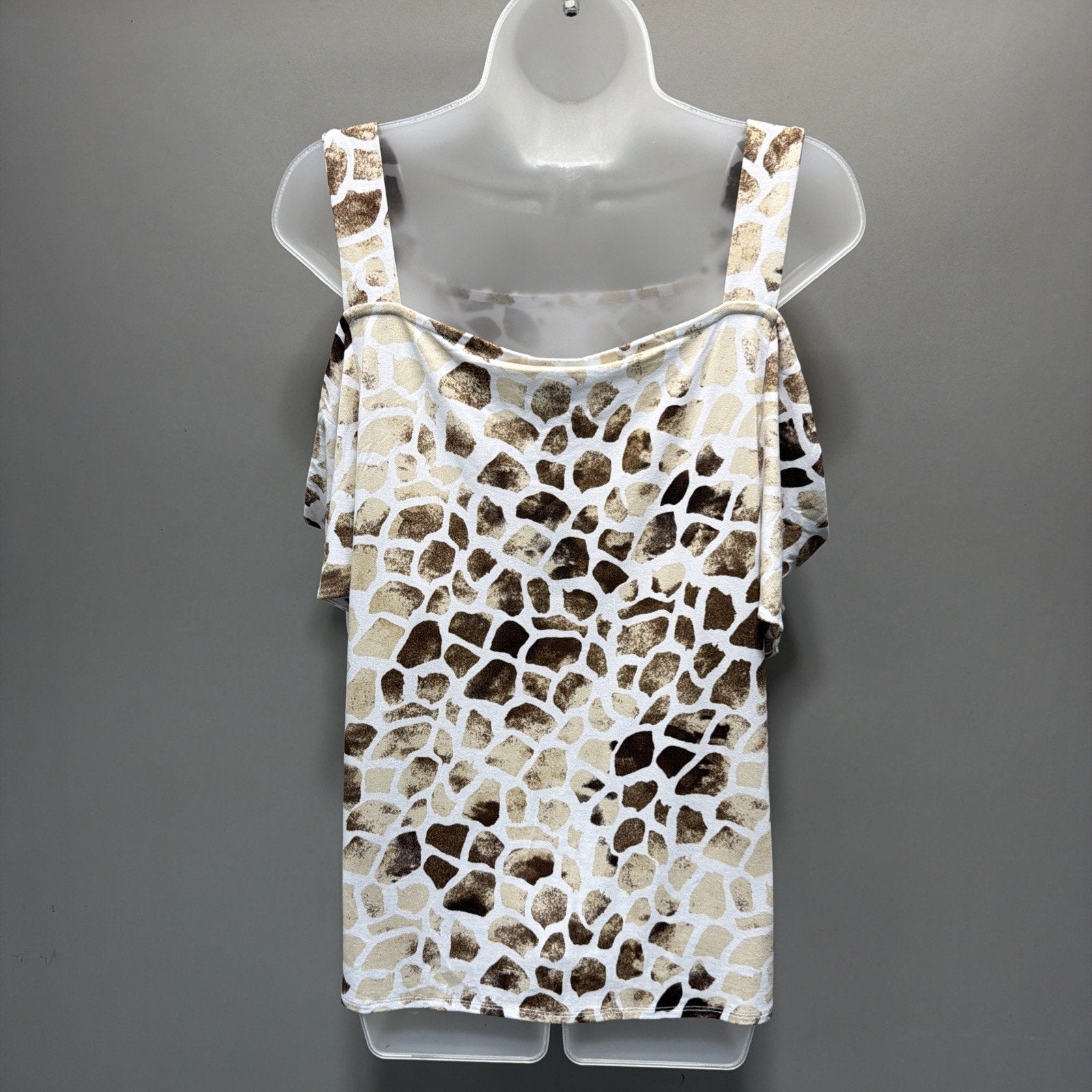 JM Collection Blouse Womens size M Tan White Giraffe Print Cold Shoulder New